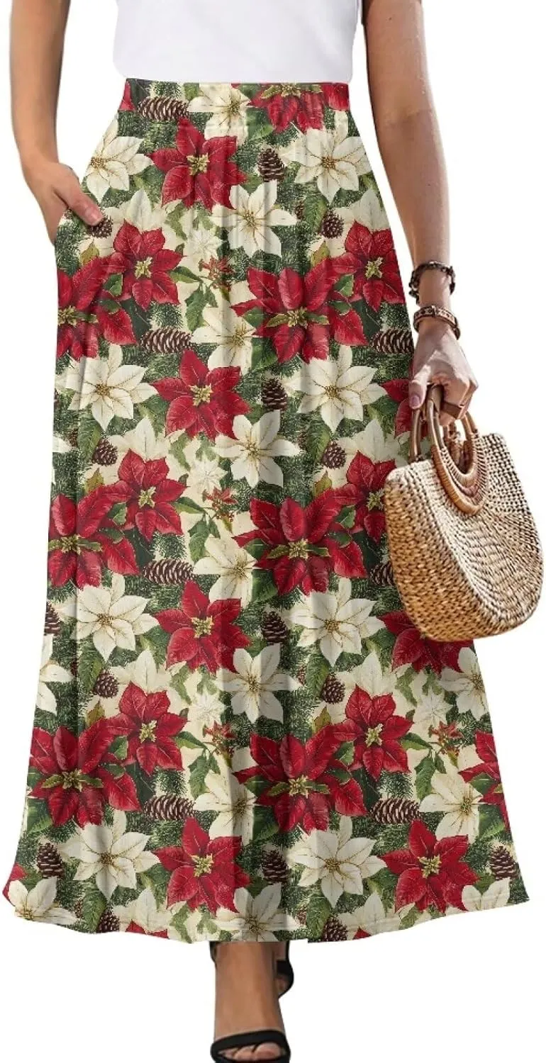 Skirts for Women Casual Loose Pleated Skirt Elastic High Waist Soft A Line Ankle Length Skirt with Pockets S-2XL