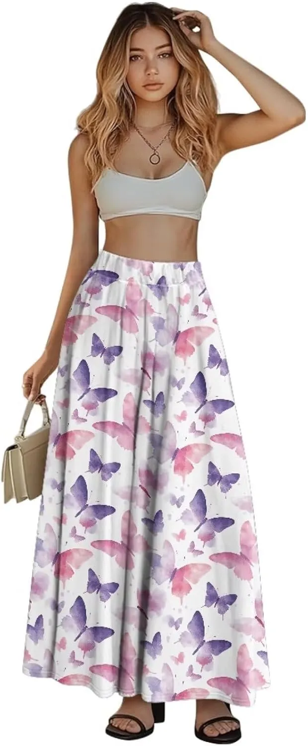 Skirts for Women Casual Loose Pleated Skirt Elastic High Waist Soft A Line Ankle Length Skirt with Pockets S-2XL