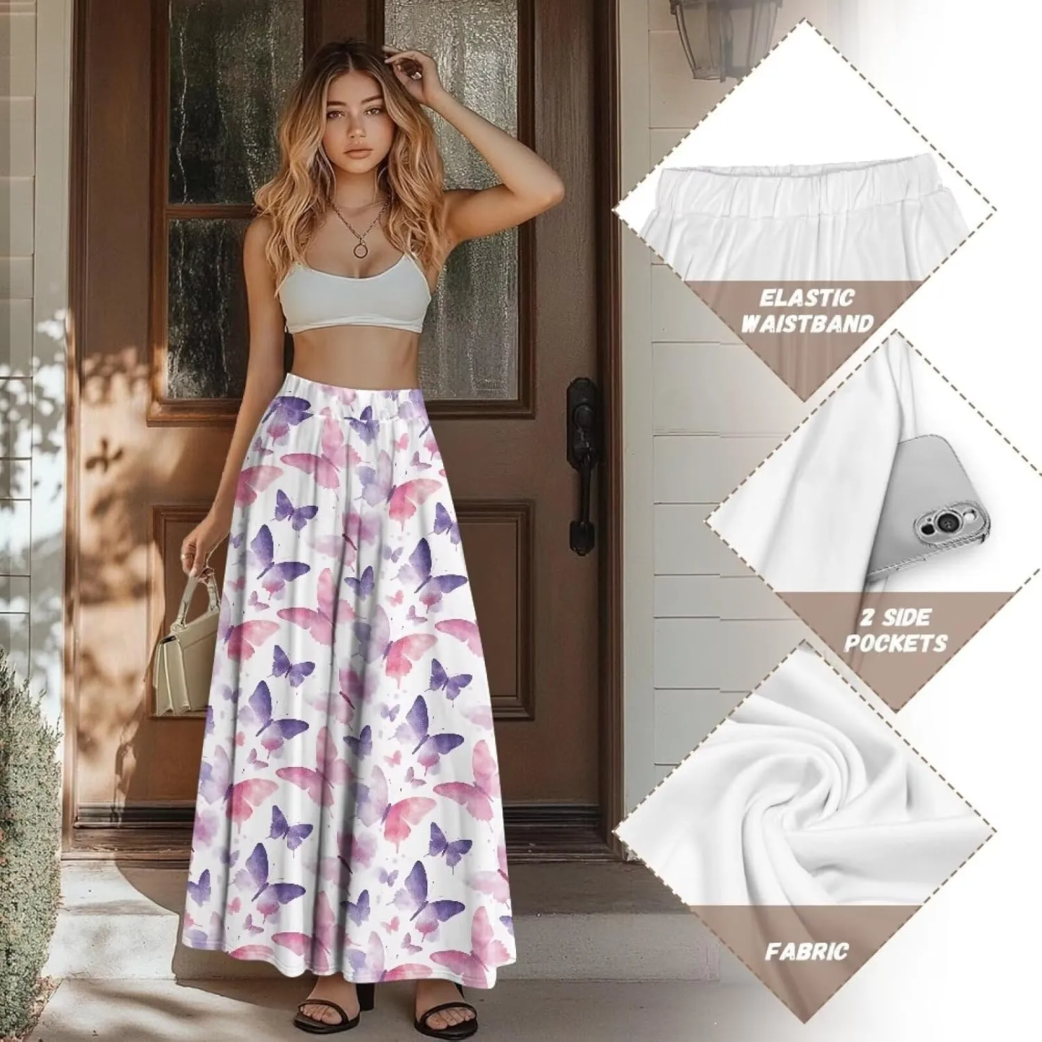 Skirts for Women Casual Loose Pleated Skirt Elastic High Waist Soft A Line Ankle Length Skirt with Pockets S-2XL