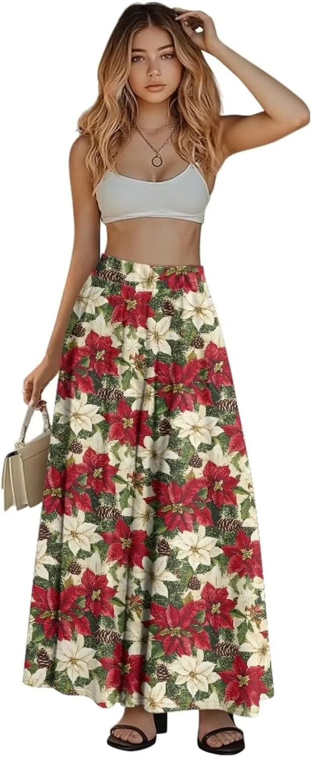 Skirts for Women Casual Loose Pleated Skirt Elastic High Waist Soft A Line Ankle Length Skirt with Pockets S-2XL
