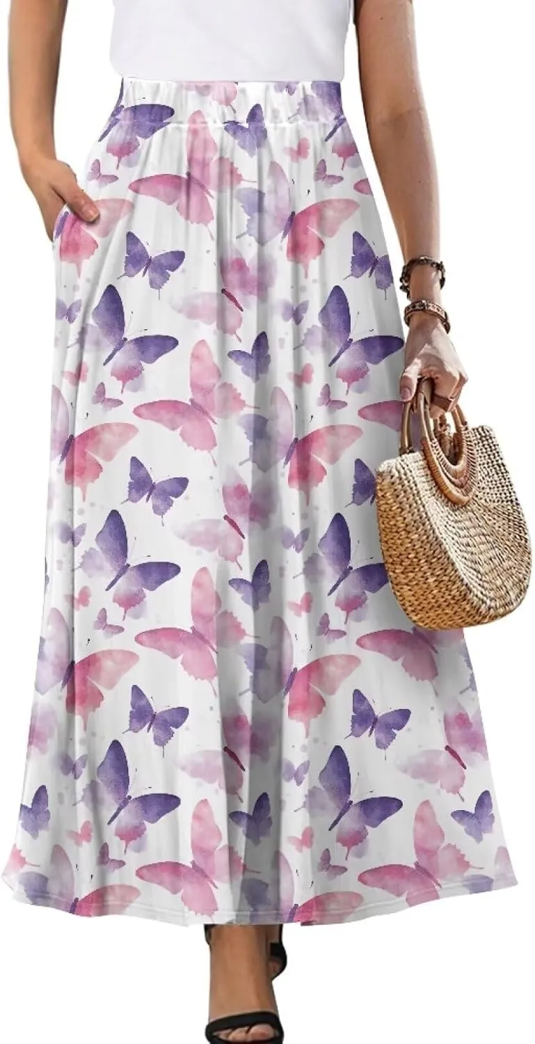 Skirts for Women Casual Loose Pleated Skirt Elastic High Waist Soft A Line Ankle Length Skirt with Pockets S-2XL
