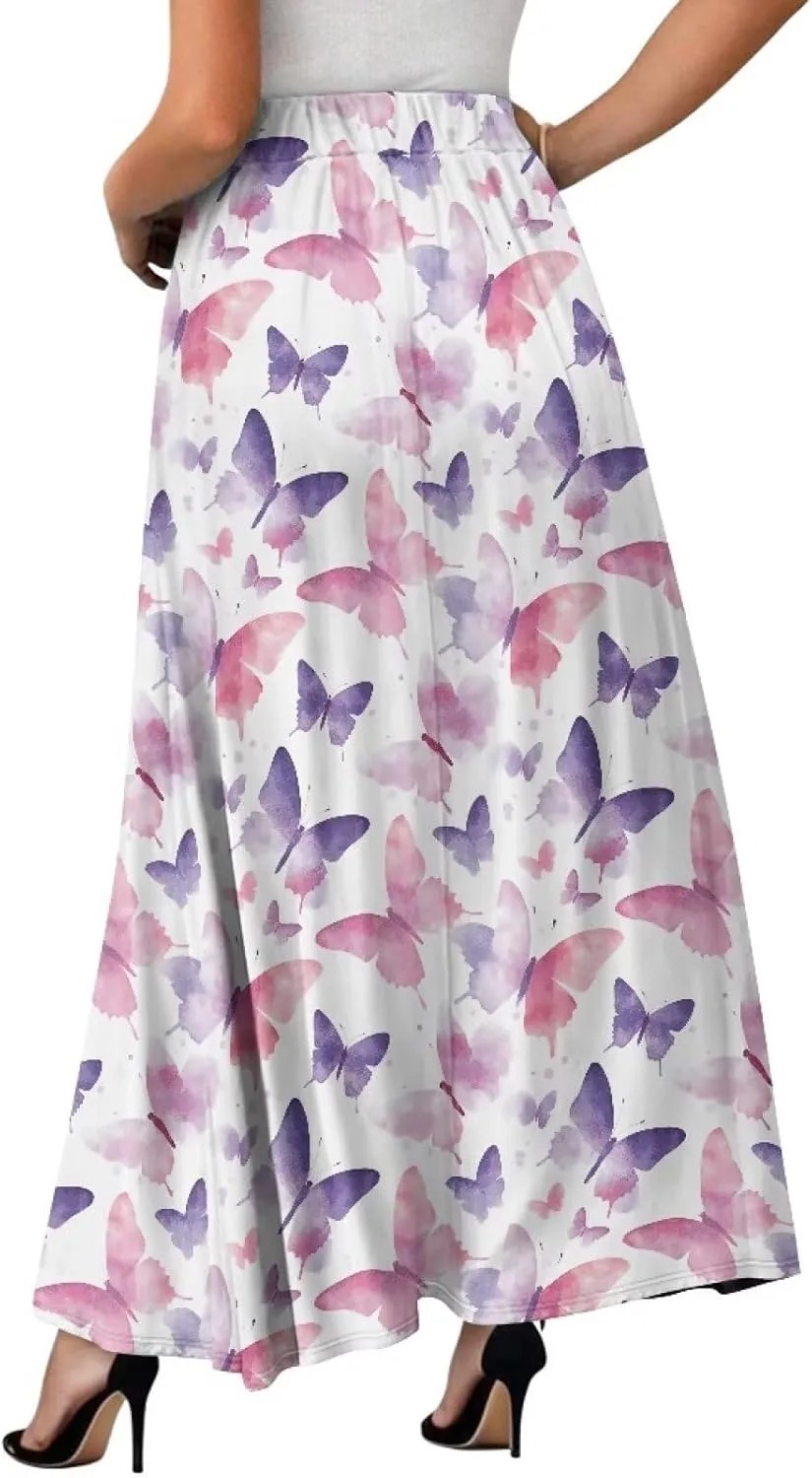Skirts for Women Casual Loose Pleated Skirt Elastic High Waist Soft A Line Ankle Length Skirt with Pockets S-2XL