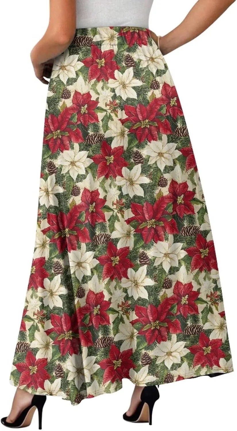 Skirts for Women Casual Loose Pleated Skirt Elastic High Waist Soft A Line Ankle Length Skirt with Pockets S-2XL