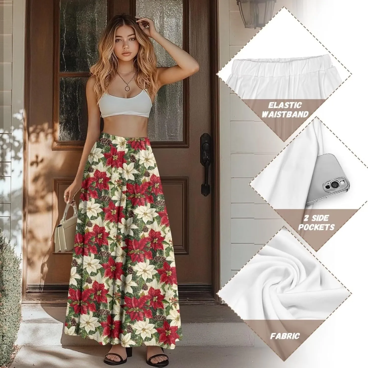 Skirts for Women Casual Loose Pleated Skirt Elastic High Waist Soft A Line Ankle Length Skirt with Pockets S-2XL