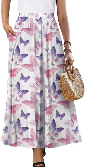 Skirts for Women Casual Loose Pleated Skirt Elastic High Waist Soft A Line Ankle Length Skirt with Pockets S-2XL