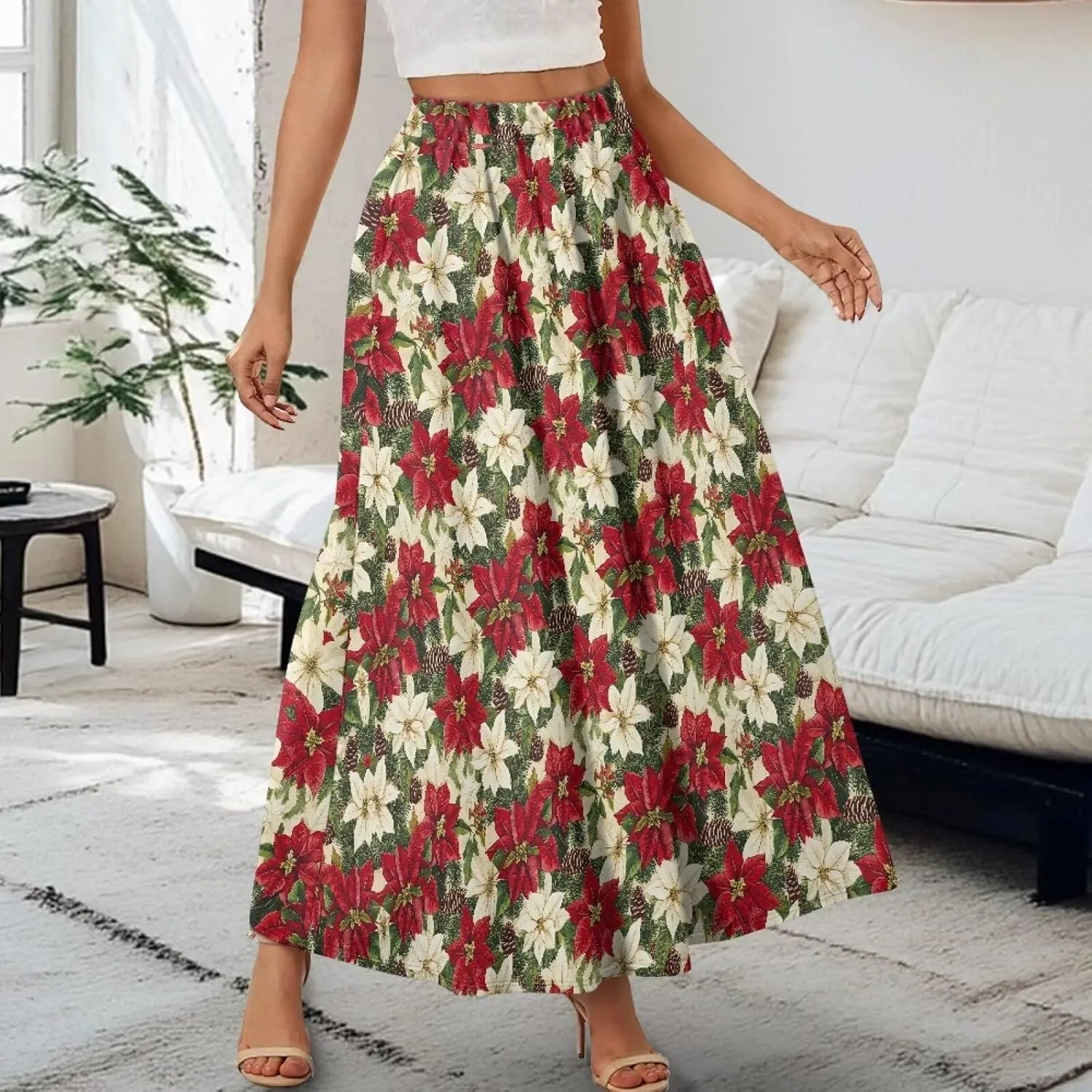 Skirts for Women Casual Loose Pleated Skirt Elastic High Waist Soft A Line Ankle Length Skirt with Pockets S-2XL