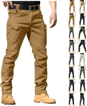 Slim Fit Cargo Pants for Men Button Elastic Waist Carpenter Pants Water Resistant Hiking Work Pants Multi Pockets