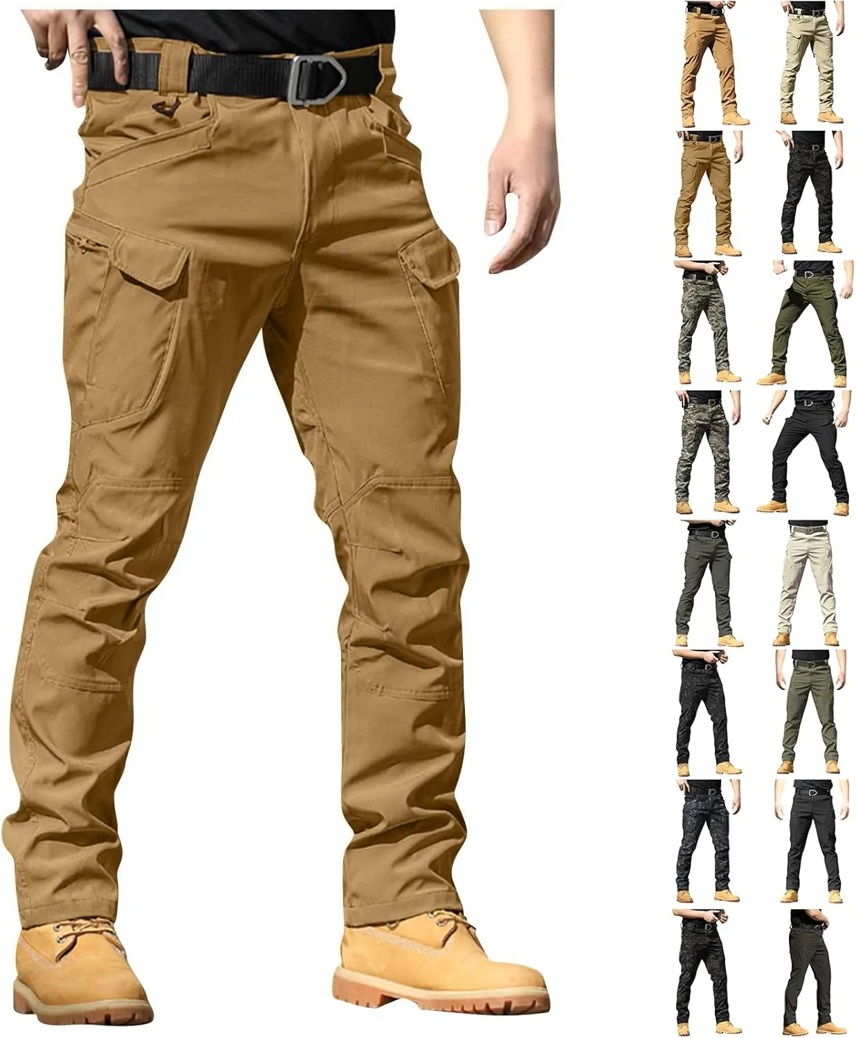 Slim Fit Cargo Pants for Men Button Elastic Waist Carpenter Pants Water Resistant Hiking Work Pants Multi Pockets