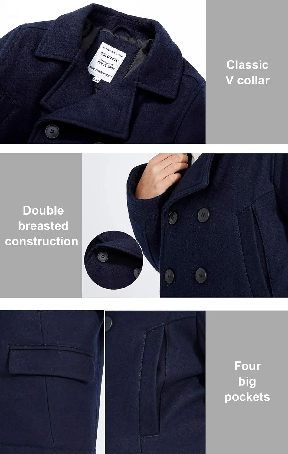SOLOCOTE Boys Coat Elegant Notched Collar Double Breasted Wool Blend Over Pea Coat