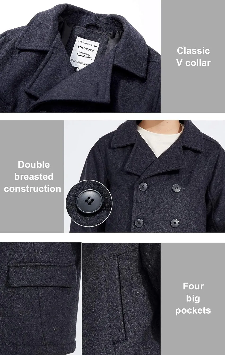 SOLOCOTE Boys Coat Elegant Notched Collar Double Breasted Wool Blend Over Pea Coat
