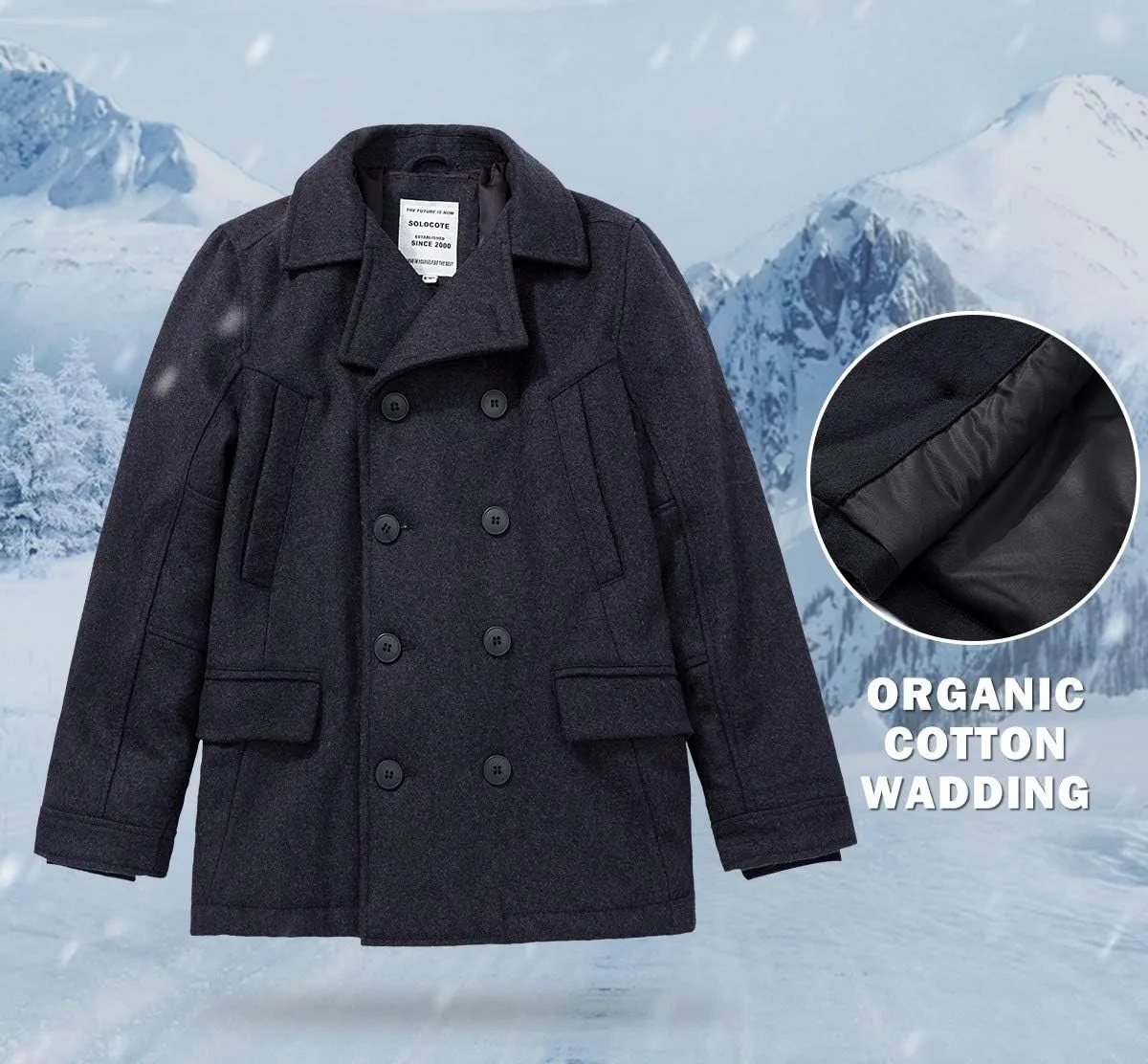 SOLOCOTE Boys Coat Elegant Notched Collar Double Breasted Wool Blend Over Pea Coat