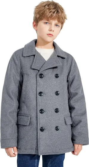 SOLOCOTE Boys Coat Elegant Notched Collar Double Breasted Wool Blend Over Pea Coat