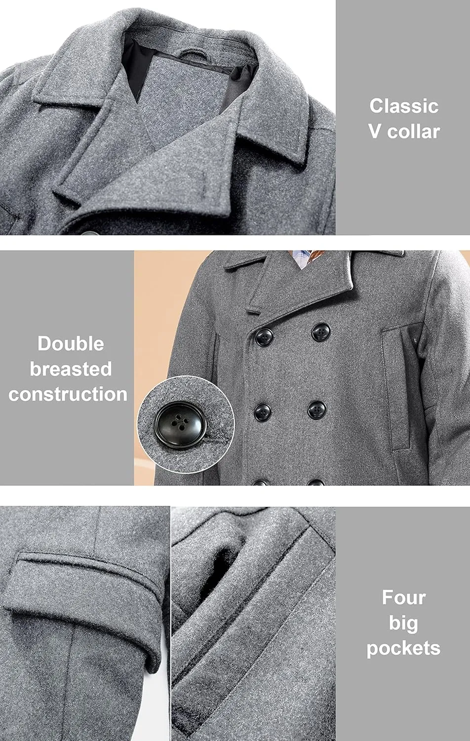 SOLOCOTE Boys Coat Elegant Notched Collar Double Breasted Wool Blend Over Pea Coat