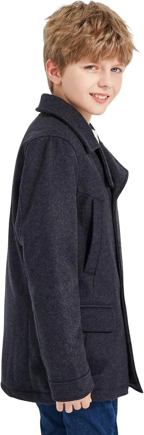 SOLOCOTE Boys Coat Elegant Notched Collar Double Breasted Wool Blend Over Pea Coat