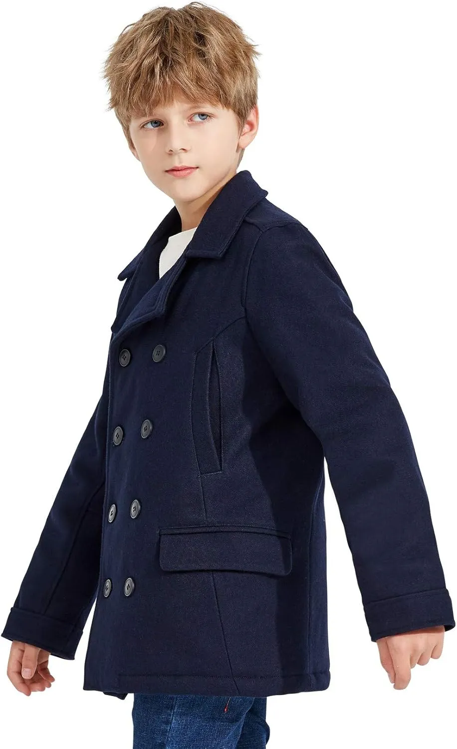 SOLOCOTE Boys Coat Elegant Notched Collar Double Breasted Wool Blend Over Pea Coat