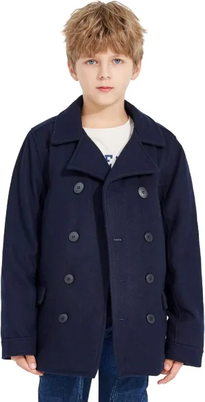 SOLOCOTE Boys Coat Elegant Notched Collar Double Breasted Wool Blend Over Pea Coat
