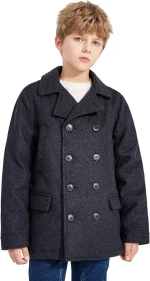 SOLOCOTE Boys Coat Elegant Notched Collar Double Breasted Wool Blend Over Pea Coat