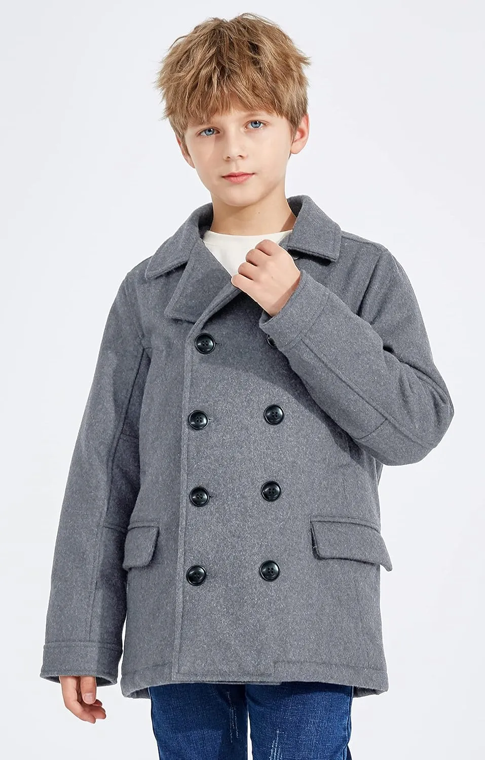 SOLOCOTE Boys Coat Elegant Notched Collar Double Breasted Wool Blend Over Pea Coat