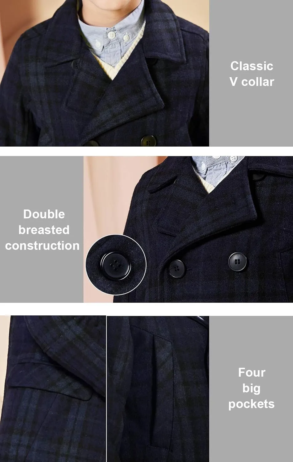 SOLOCOTE Boys Coat Elegant Notched Collar Double Breasted Wool Blend Over Pea Coat