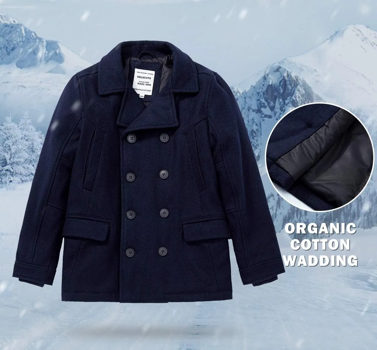 SOLOCOTE Boys Coat Elegant Notched Collar Double Breasted Wool Blend Over Pea Coat