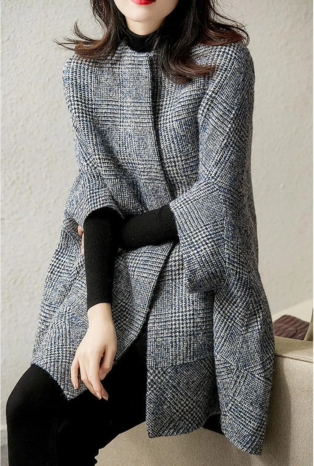 SOMTHRON Women's Elegant Plaid Poncho Single Breasted 3/4 Sleeve Wool Blend Winter Cape Cloak Coat