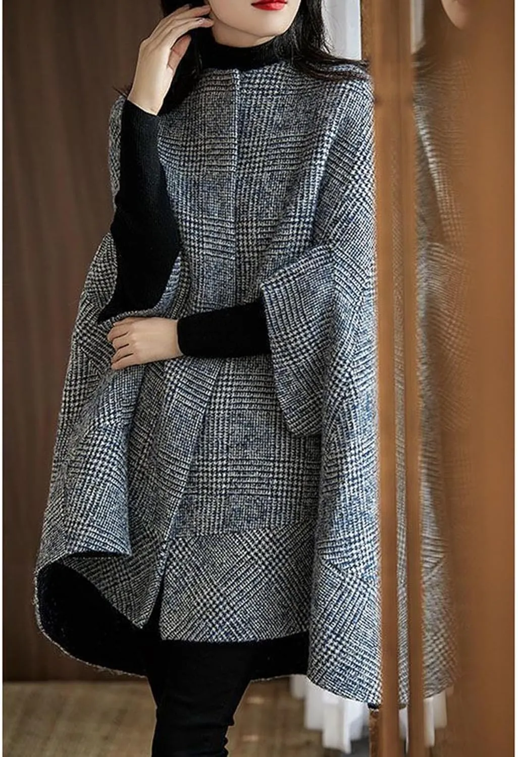 SOMTHRON Women's Elegant Plaid Poncho Single Breasted 3/4 Sleeve Wool Blend Winter Cape Cloak Coat
