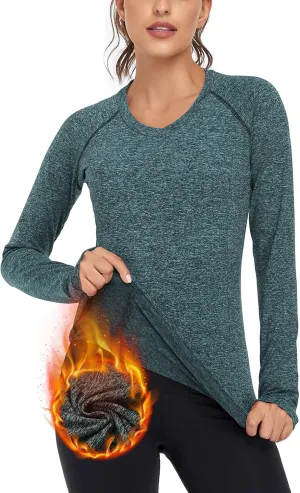 Soneven Women Fleece Thermal Long Sleeve Running Shirt Workout Tops Moisture Wicking Athletic Shirts with Thumb Holes