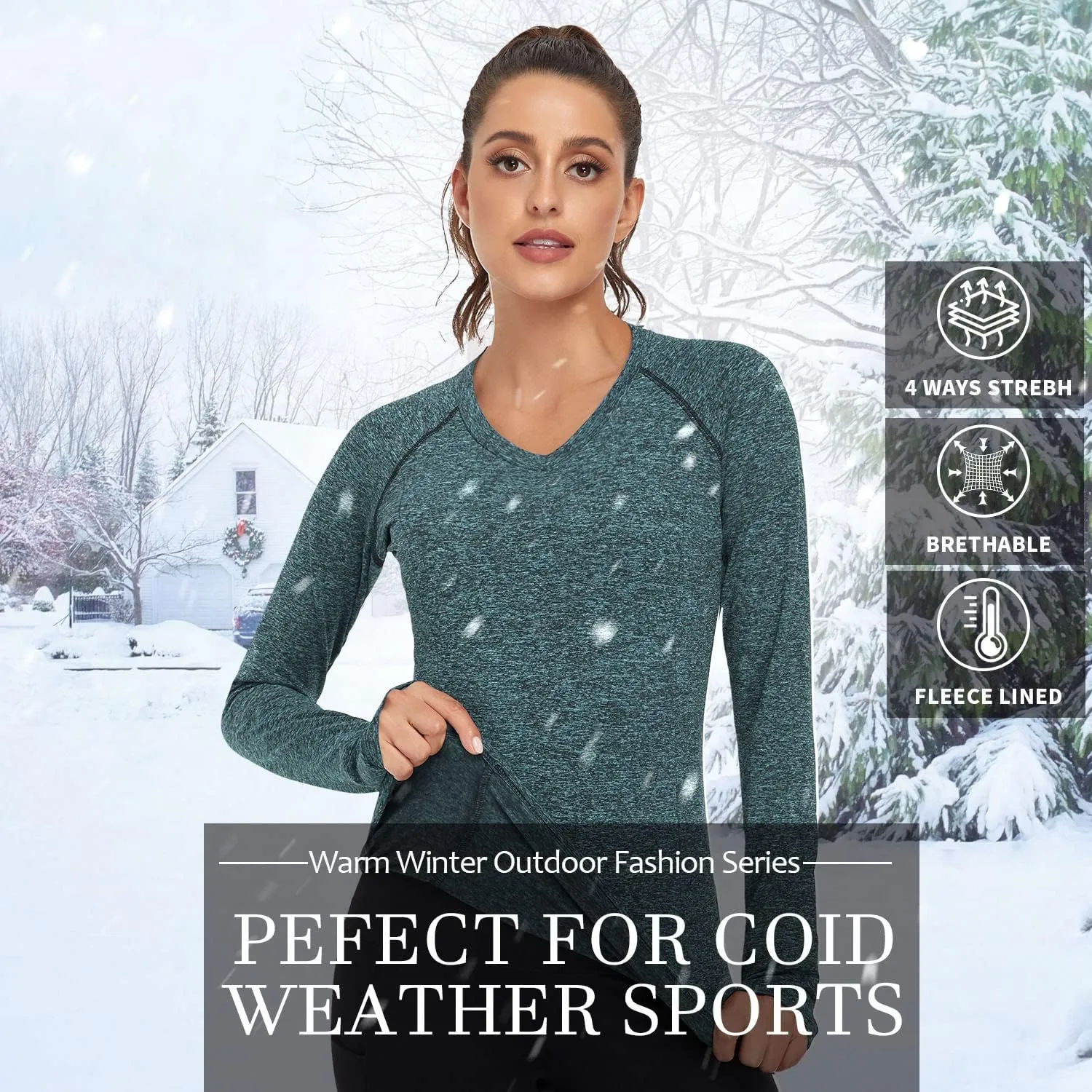 Soneven Women Fleece Thermal Long Sleeve Running Shirt Workout Tops Moisture Wicking Athletic Shirts with Thumb Holes