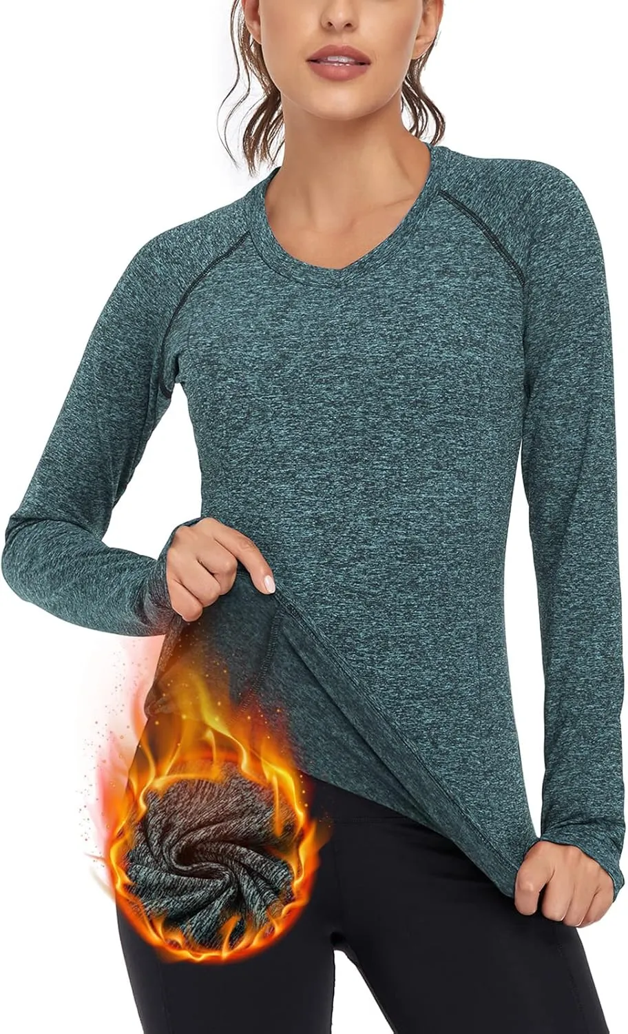 Soneven Women Fleece Thermal Long Sleeve Running Shirt Workout Tops Moisture Wicking Athletic Shirts with Thumb Holes