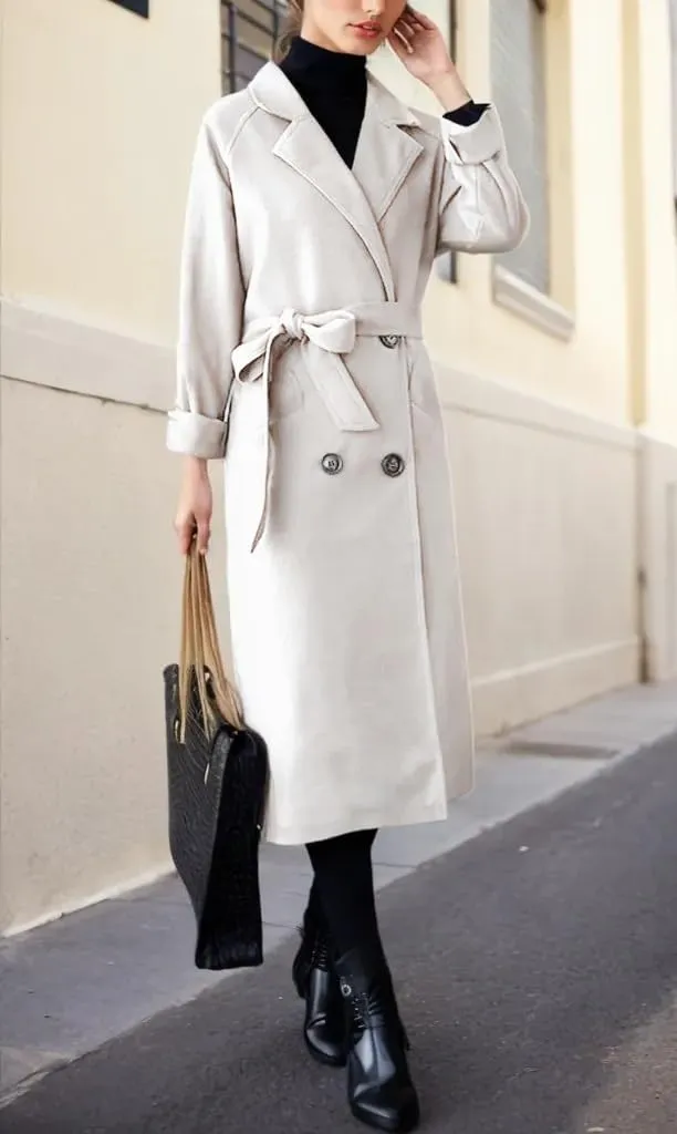 Sorrica Women Elegant Wool Pea Coat Winter Lapel Double Breasted Midi Long Trench Coat with Belted Pockets