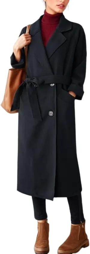 Sorrica Women Elegant Wool Pea Coat Winter Lapel Double Breasted Midi Long Trench Coat with Belted Pockets