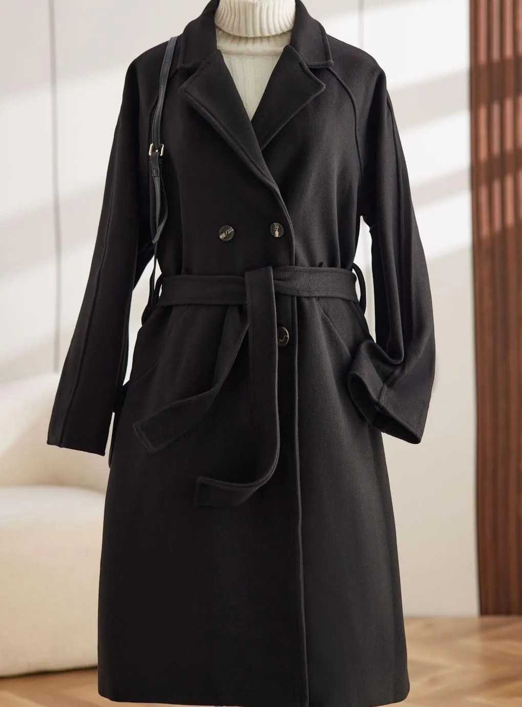 Sorrica Women Elegant Wool Pea Coat Winter Lapel Double Breasted Midi Long Trench Coat with Belted Pockets