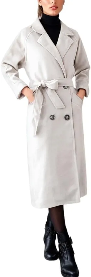 Sorrica Women Elegant Wool Pea Coat Winter Lapel Double Breasted Midi Long Trench Coat with Belted Pockets