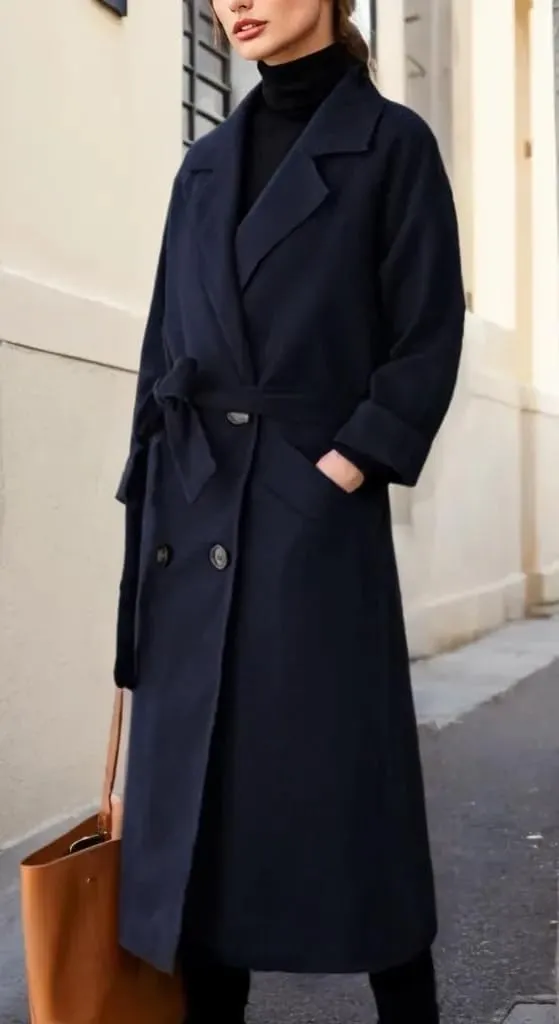 Sorrica Women Elegant Wool Pea Coat Winter Lapel Double Breasted Midi Long Trench Coat with Belted Pockets