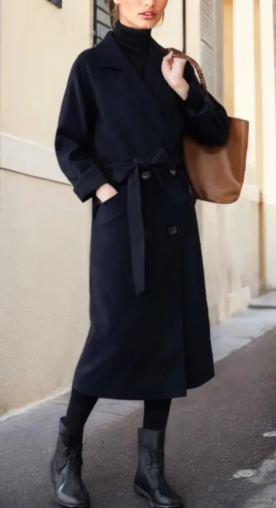 Sorrica Women Elegant Wool Pea Coat Winter Lapel Double Breasted Midi Long Trench Coat with Belted Pockets