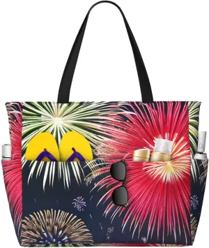 Splendid fireworks Print 28L Beach Tote Bag, Water-resistant Travel Tote, Lightweight Gym & Camping Carryall