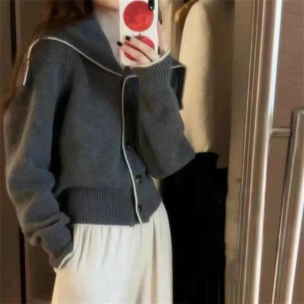 Spring Women Sweater Wool Sailor Collar Slim Cardigan Female Casual Knitted Tops Soft Jacket