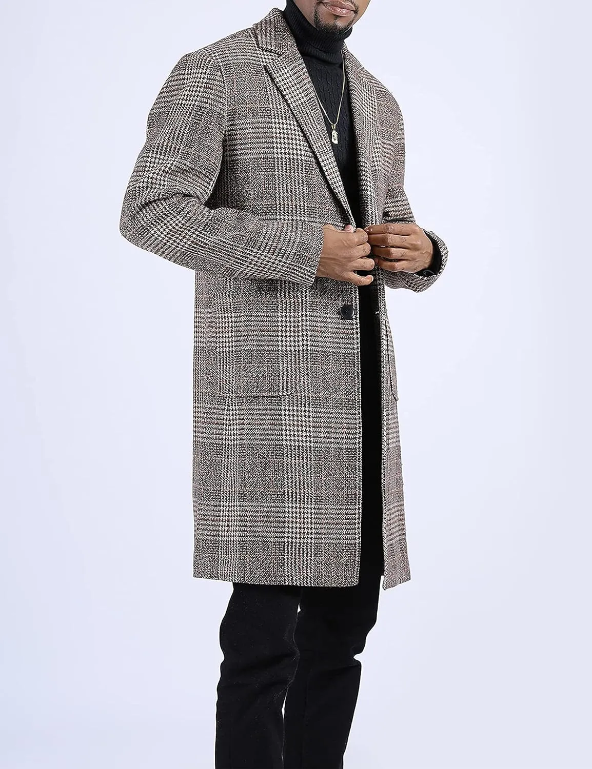 Springrain Men's Wool Blend Pea Coat Notched Collar Single Breasted Overcoat Warm Winter Trench Coat