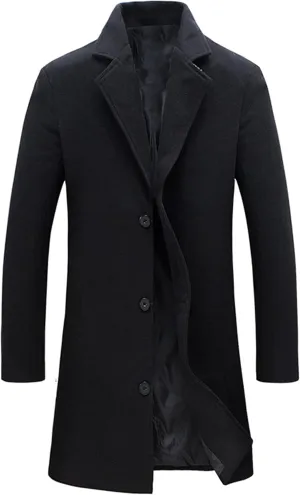 Springrain Men's Wool Blend Pea Coat Notched Collar Single Breasted Overcoat Warm Winter Trench Coat