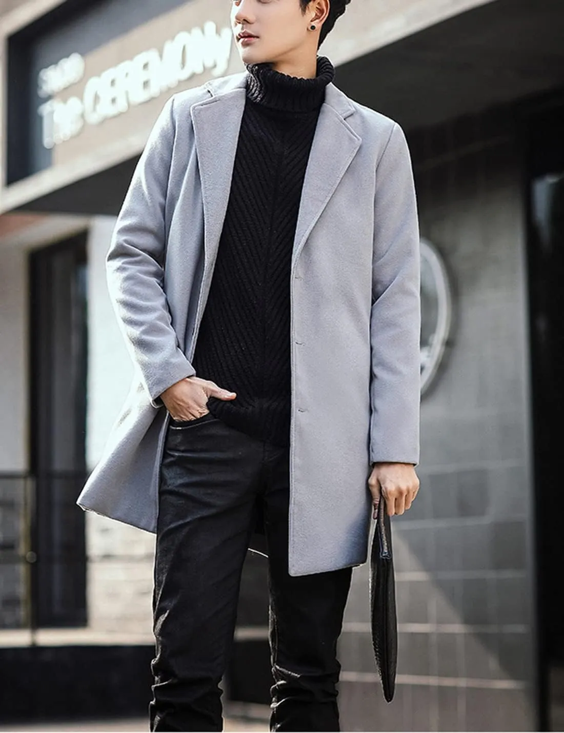 Springrain Men's Wool Blend Pea Coat Notched Collar Single Breasted Overcoat Warm Winter Trench Coat