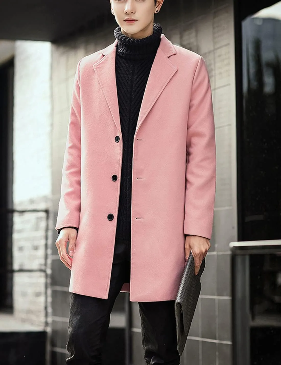 Springrain Men's Wool Blend Pea Coat Notched Collar Single Breasted Overcoat Warm Winter Trench Coat
