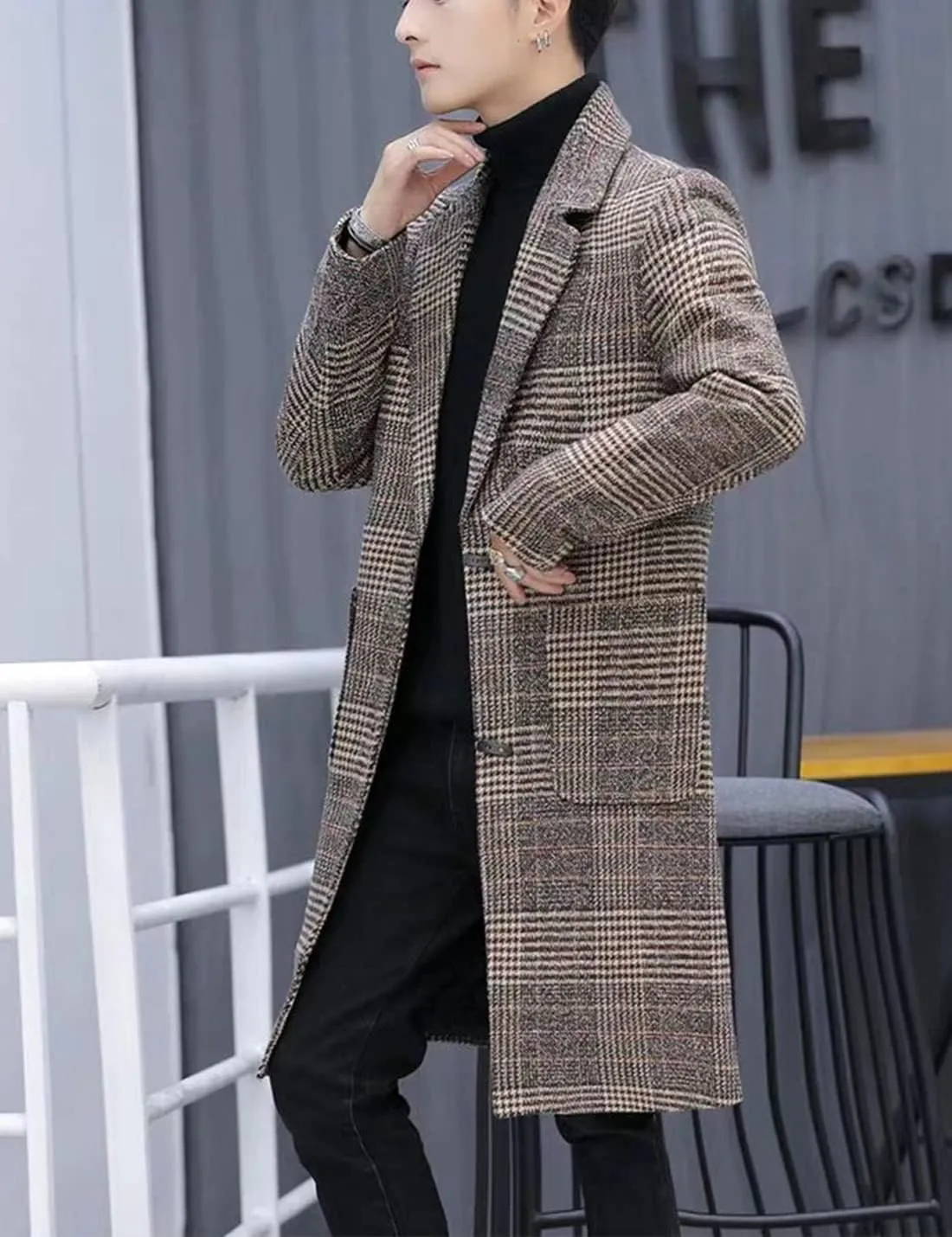 Springrain Men's Wool Blend Pea Coat Notched Collar Single Breasted Overcoat Warm Winter Trench Coat