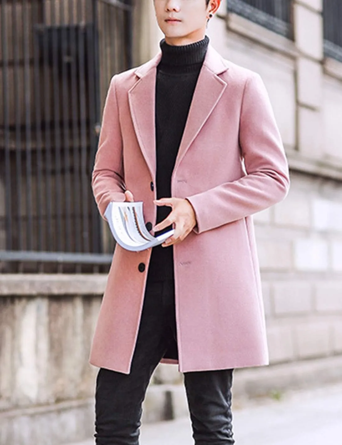 Springrain Men's Wool Blend Pea Coat Notched Collar Single Breasted Overcoat Warm Winter Trench Coat