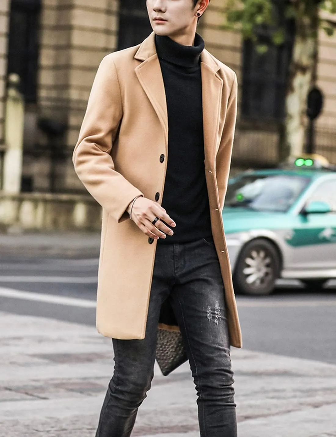 Springrain Men's Wool Blend Pea Coat Notched Collar Single Breasted Overcoat Warm Winter Trench Coat