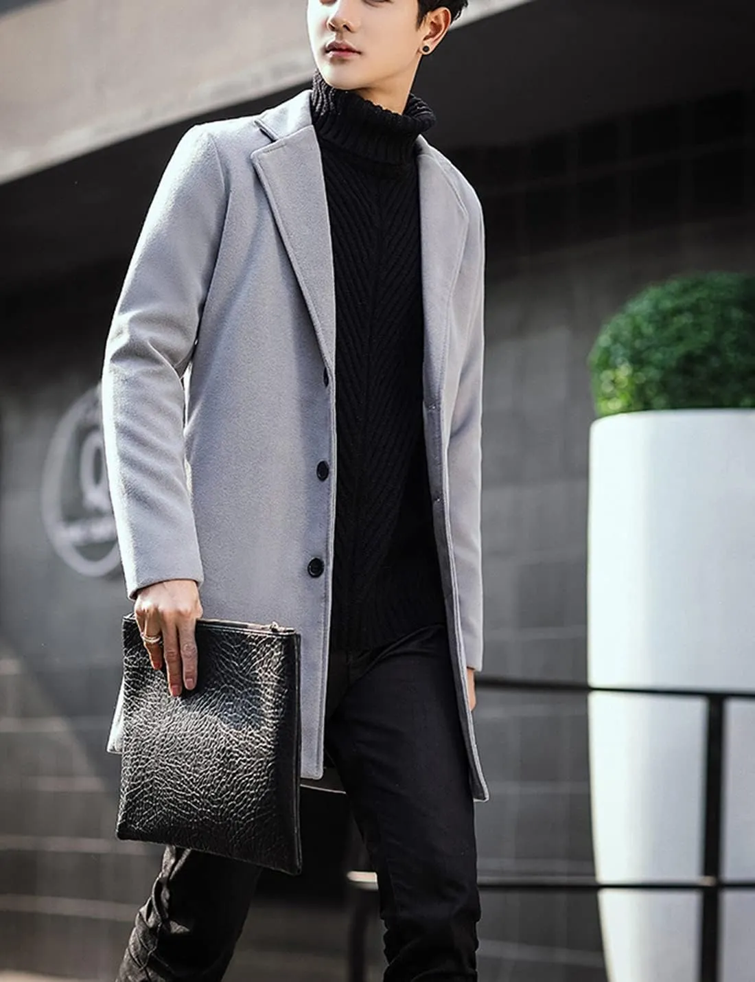 Springrain Men's Wool Blend Pea Coat Notched Collar Single Breasted Overcoat Warm Winter Trench Coat