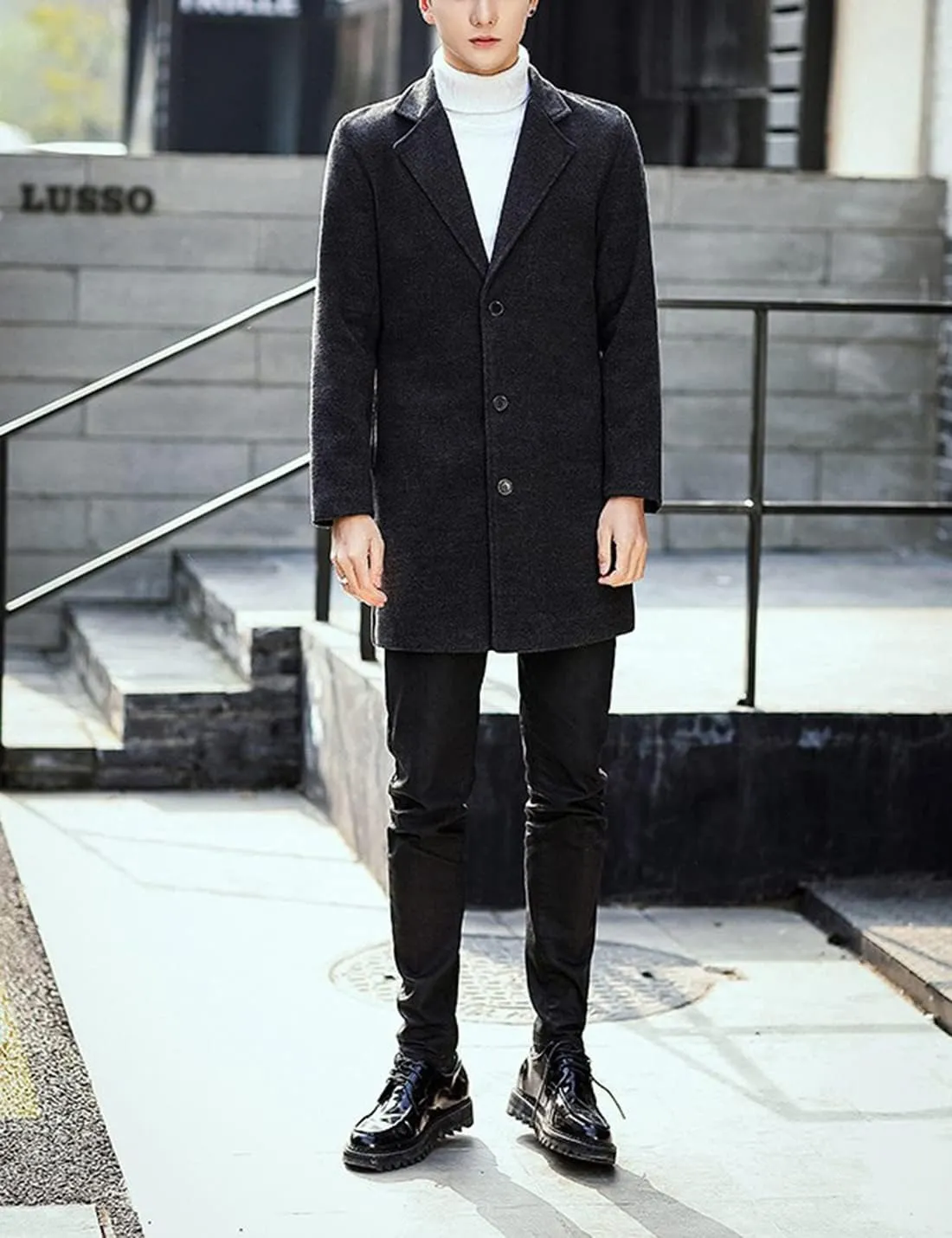 Springrain Men's Wool Blend Pea Coat Notched Collar Single Breasted Overcoat Warm Winter Trench Coat