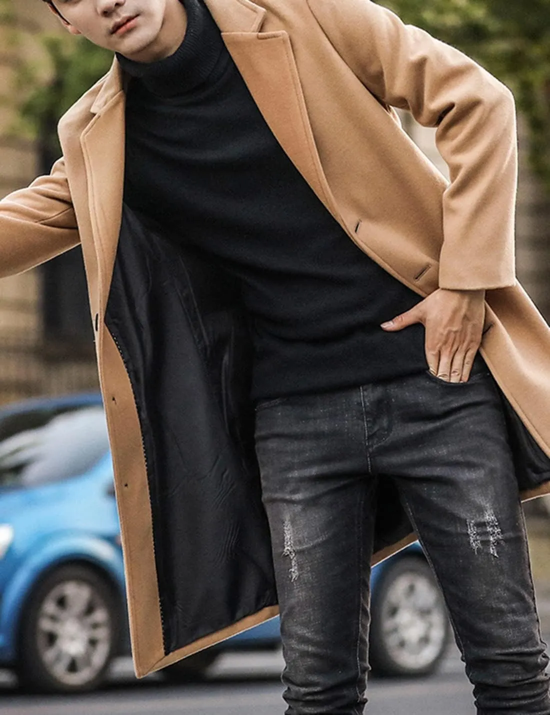 Springrain Men's Wool Blend Pea Coat Notched Collar Single Breasted Overcoat Warm Winter Trench Coat