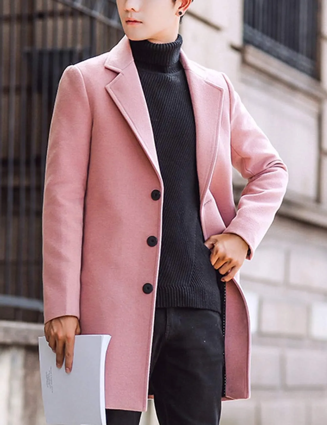 Springrain Men's Wool Blend Pea Coat Notched Collar Single Breasted Overcoat Warm Winter Trench Coat