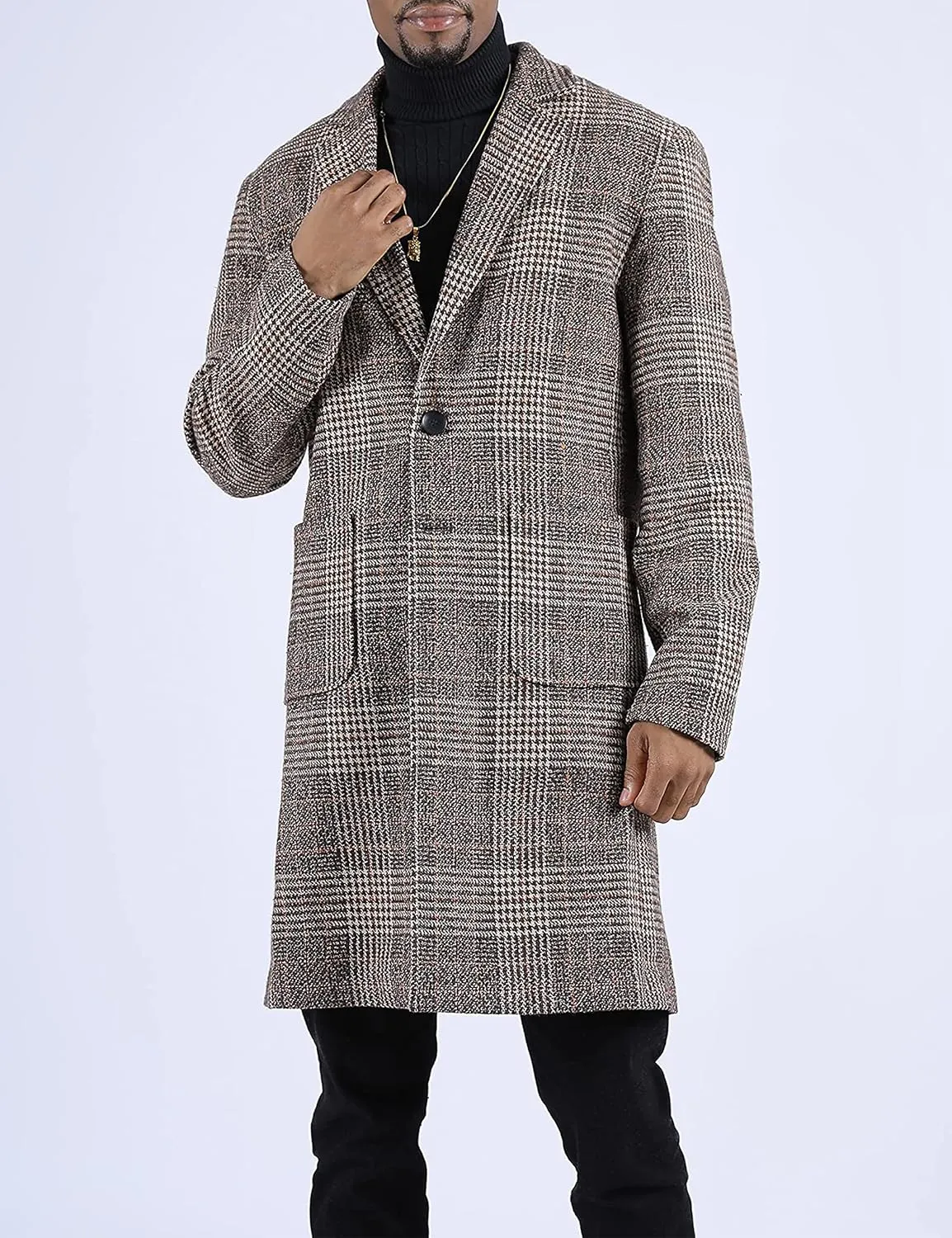 Springrain Men's Wool Blend Pea Coat Notched Collar Single Breasted Overcoat Warm Winter Trench Coat