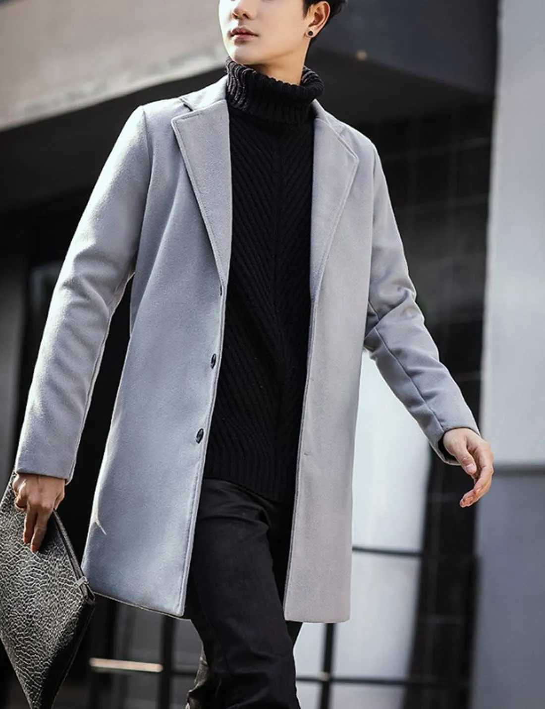 Springrain Men's Wool Blend Pea Coat Notched Collar Single Breasted Overcoat Warm Winter Trench Coat